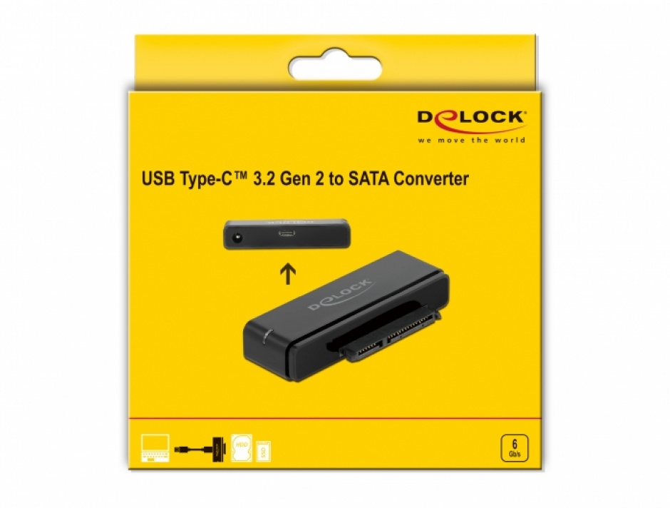 Imagine Convertor USB Type-C 3.2 Gen 2 la SATA 22 pini pentru HDD 2.5"/3.5", Delock 64104